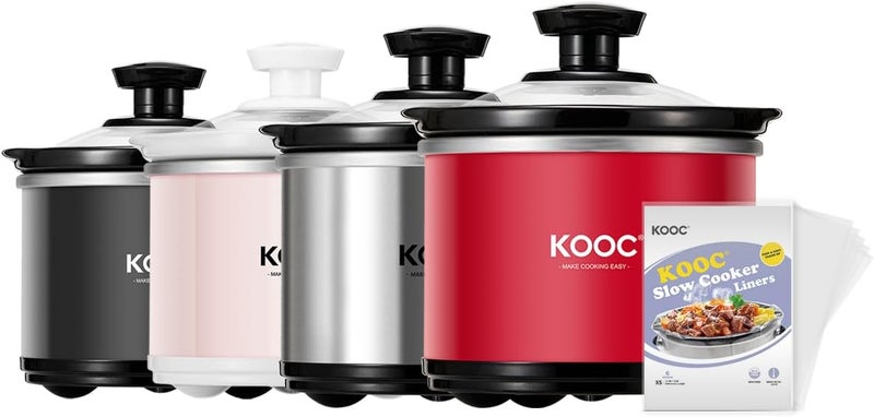 KOOC Small Slow Cooker, 0.65 Quart, Free Liners Included, Upgraded Ceramic Pot, Nutrient Loss Reduction, Sauces, Stews & Dips, Stainless Steel, Red, Round - Image 1